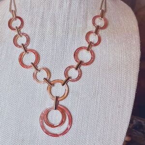 Statement Necklace, Gold Tone with Medium Coral Enamel Circles NWOT